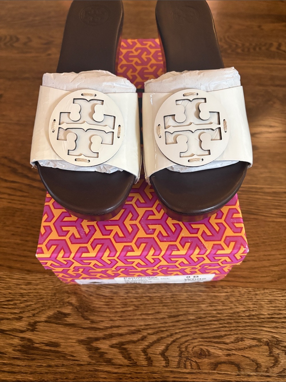 Tory Burch White Patent Logo Slide Sandals with Dark Brown Footbed